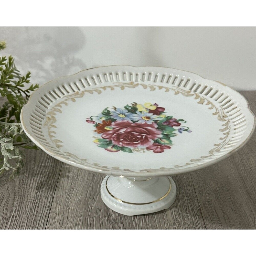 Vintage Pedestal Cake Plate Reticulated Dish Bowl 8” diameter Floral Cottagecore
